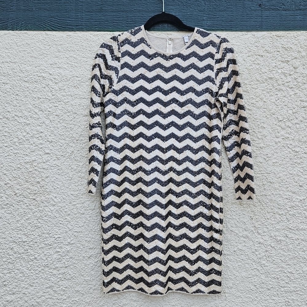 J. Crew cream and black chevron sequin long sleeve mini dress ALTERED XS